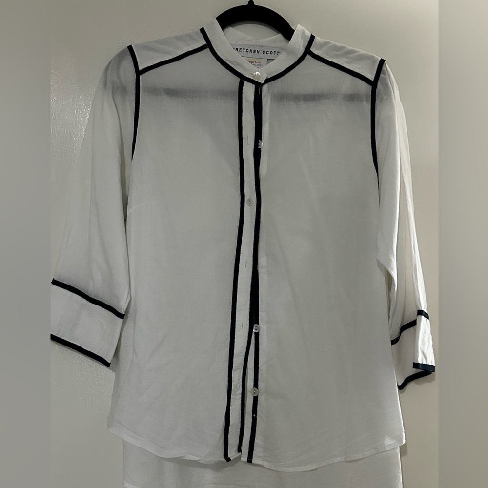 Gretchen Scott white blouse with navy trim
